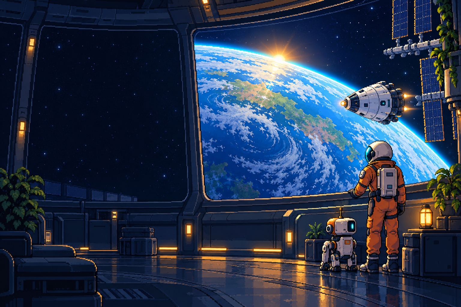 Pixel astronaut looking across Earth toward an orbital station